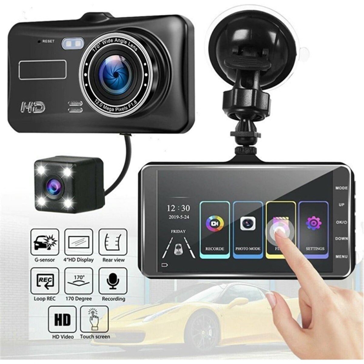 110000245176444.jpg Wevolt MB-300 1296P 4" IPS Dokunmatik Ekran Araç Içi Çift Kamera Gece Görüşlü. Ön ve Arka Araç Kamera. - Görsel 3