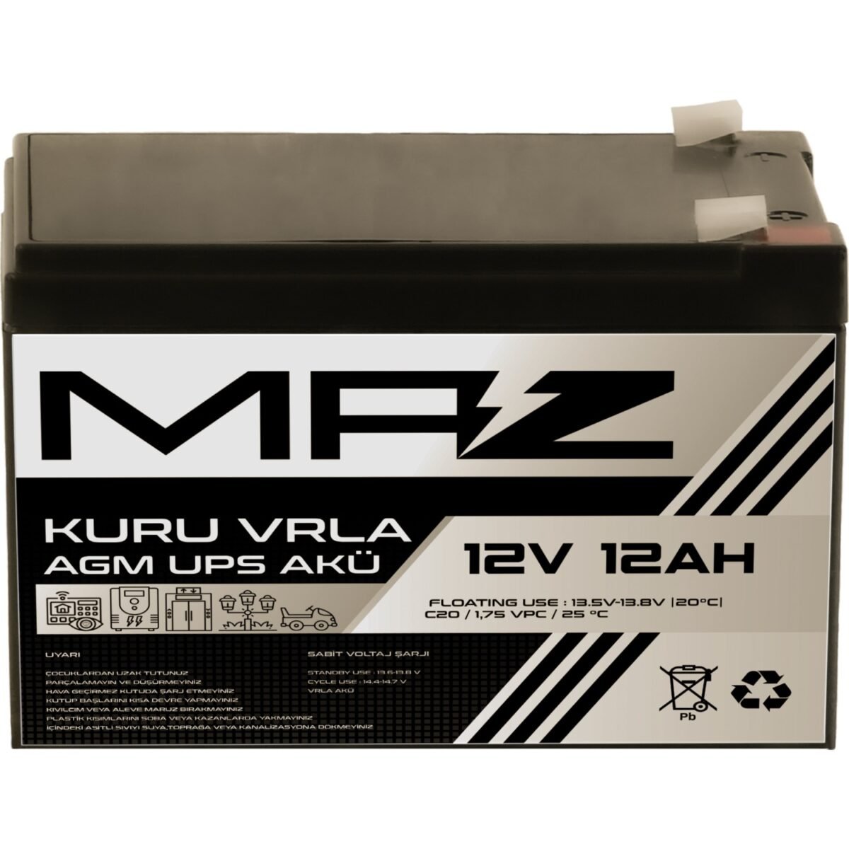 Maz Akü 12 Volt 12 Amper (Ah) Kuru Agm Vrla Güç Kaynağı Ups Akü - Görsel 1