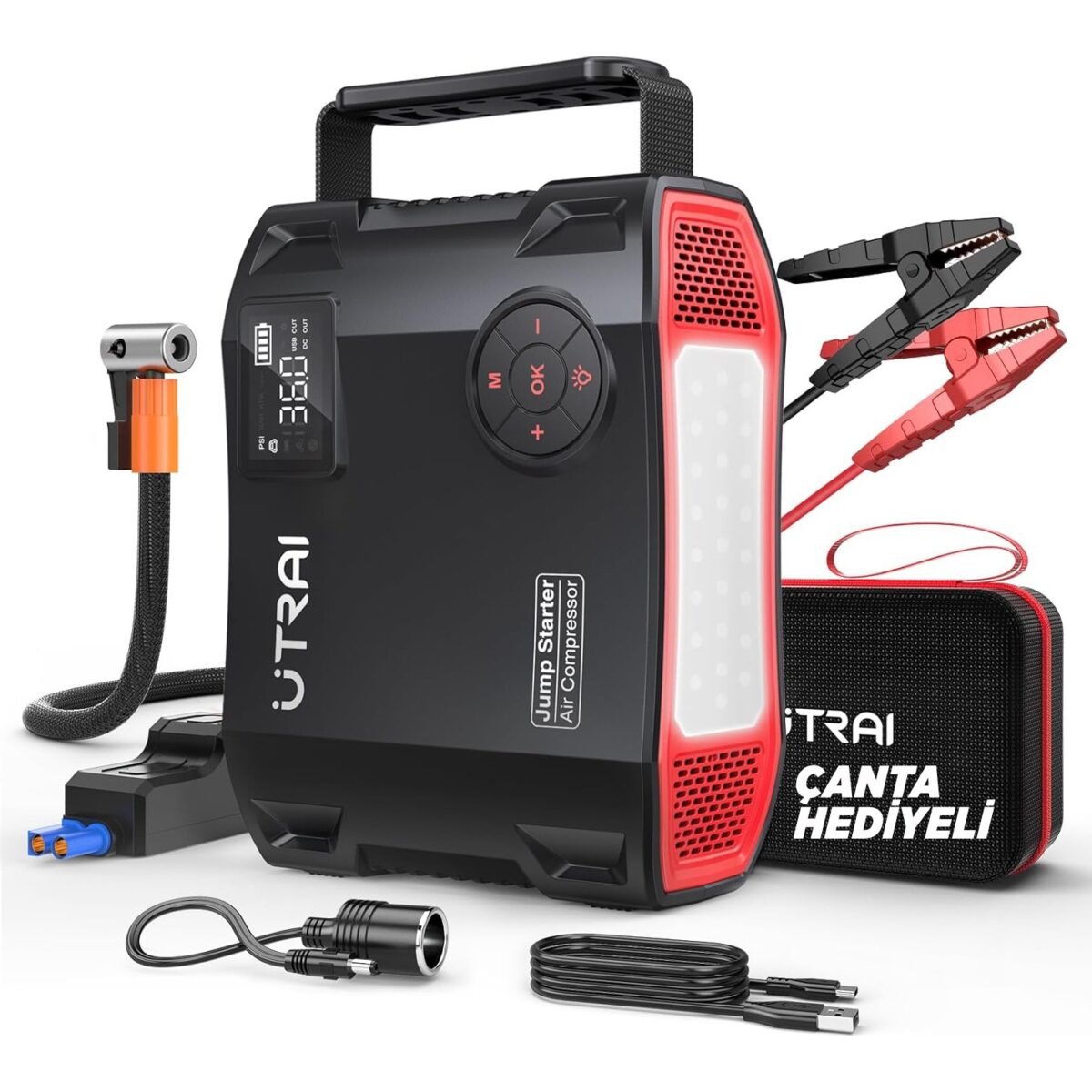 Ütraı Utraı Jstar 5 24000MAH 2000A Jump Starter Taşınabilir Akü Takviye Cihazı + Lastik Şişirme Hava Kompresörü ( Çanta + LCD Ekran + Powerbank + LED Lamba) - Görsel 1