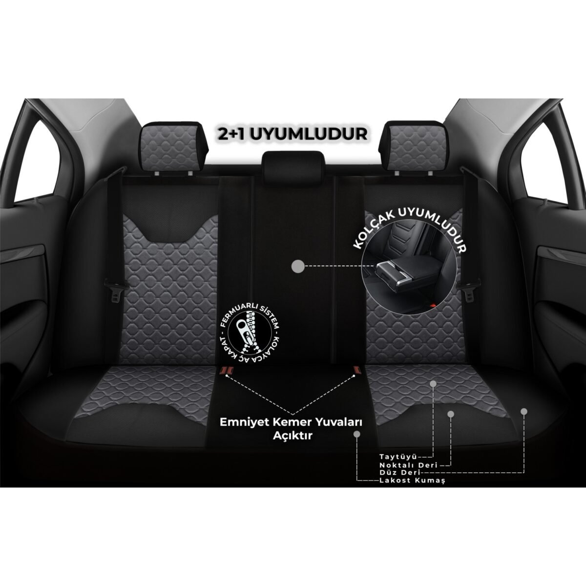 Minderland Vıp Serisi - Suzuki Vitara ile Uyumlu Oto Koltuk Kılıfı, Tay Tüyü-Deri / Füme*siyah*siyah - Görsel 2