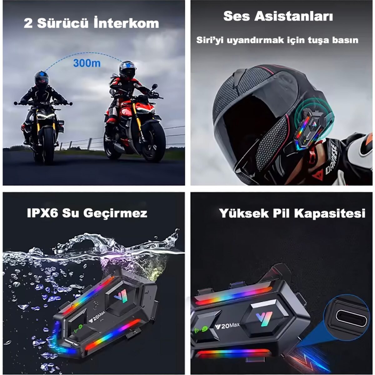 Robeve Ikili Interkom Bağlantılı Y20 Max Motorsiklet Intercom Su Geçirmez Kask Intercom Rgb Intercom Bluetooth 5.3 Interkom Ikili Interkom Bağlantılı Intercom - Görsel 3