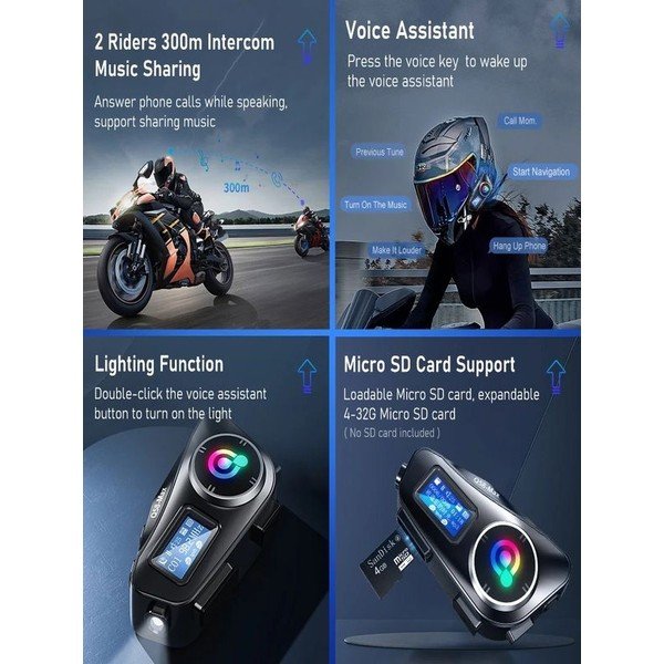 110000722521927.jpg Deanb Ipx6 LCD EKRAN Su Geçirmez Sd Kartlı 2 Kişi 300M Siri Destek Eq Ses Interkom Kask Kulaklığı Gürültü Off - Görsel 2