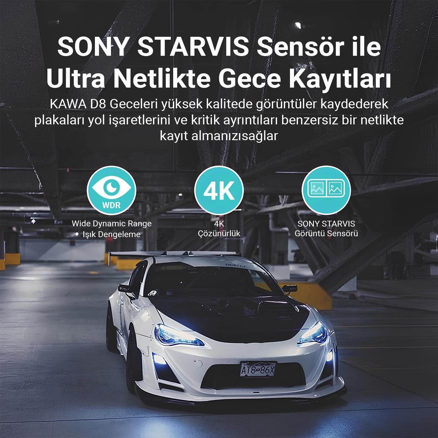 110000760115119.jpg Kawa D8 2 Kameralı Ön / Arka 4K + 1080P Sony Starvis Sensörlü Türkçe Wi-Fi Gps'li Araç Kamerası - Görsel 4