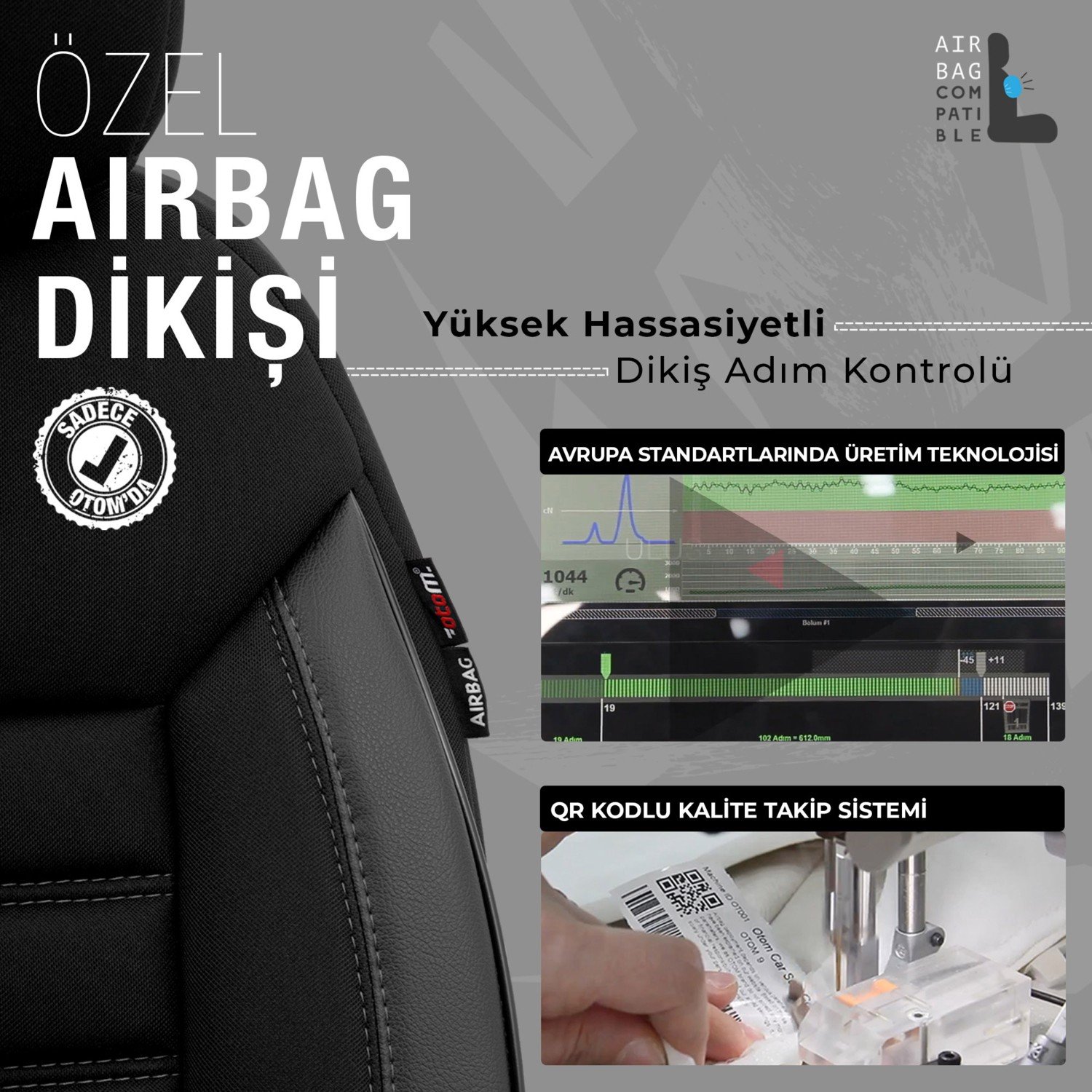 110000807655596.jpg Otom Limited Design Airbag Dikişli Ekstra Destekli Oto Koltuk Kılıfı Tam Set Siyah - Gri - Görsel 3