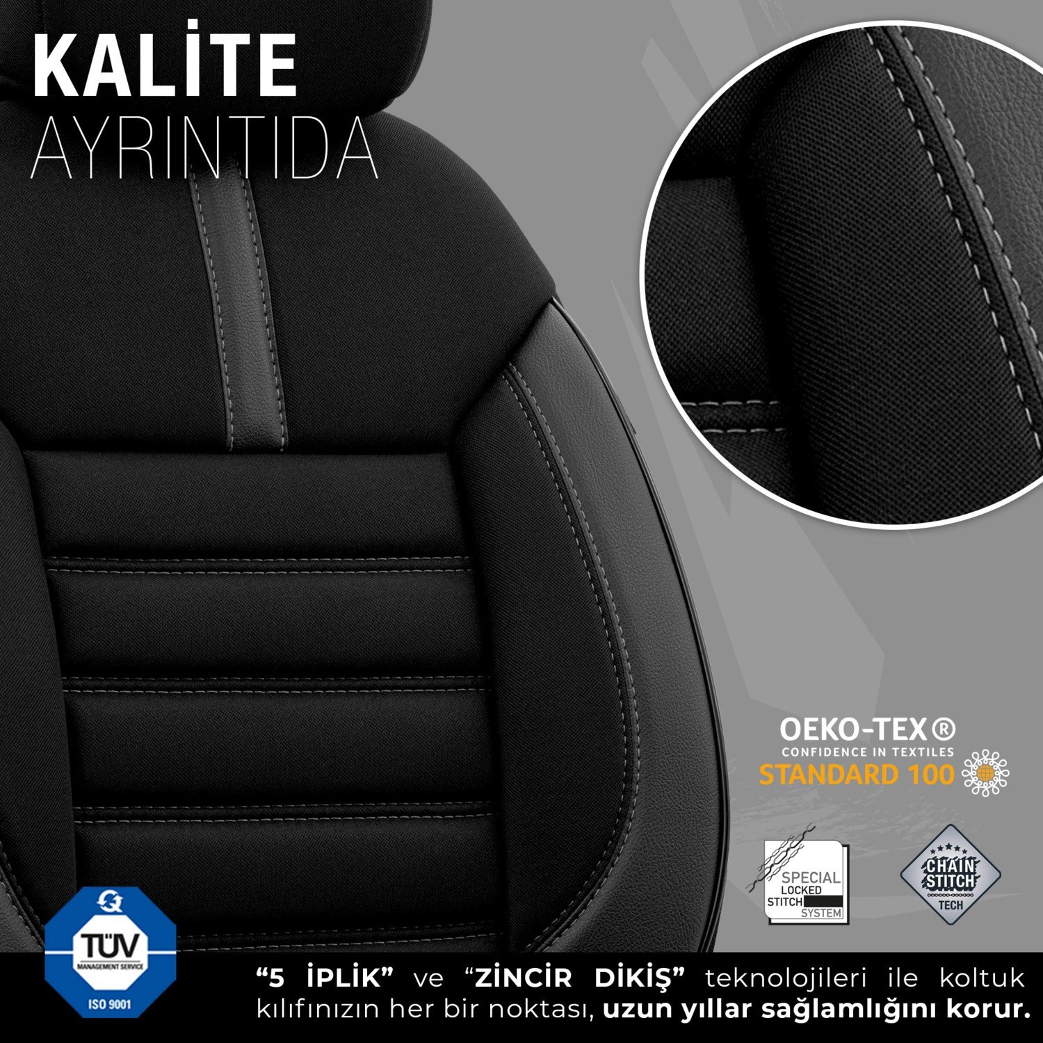 110000807655598.jpg Otom Limited Design Airbag Dikişli Ekstra Destekli Oto Koltuk Kılıfı Tam Set Siyah - Gri - Görsel 5