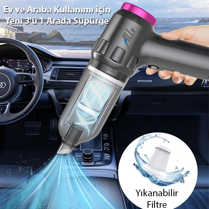 110000988637750.jpg ALLY 14000pa Güçlü Portatif 2 Kademeli Tasinabilir Vakumlu Kablosuz Üflemeli Mini Araç Süpürgesi SW-103 - Görsel 2