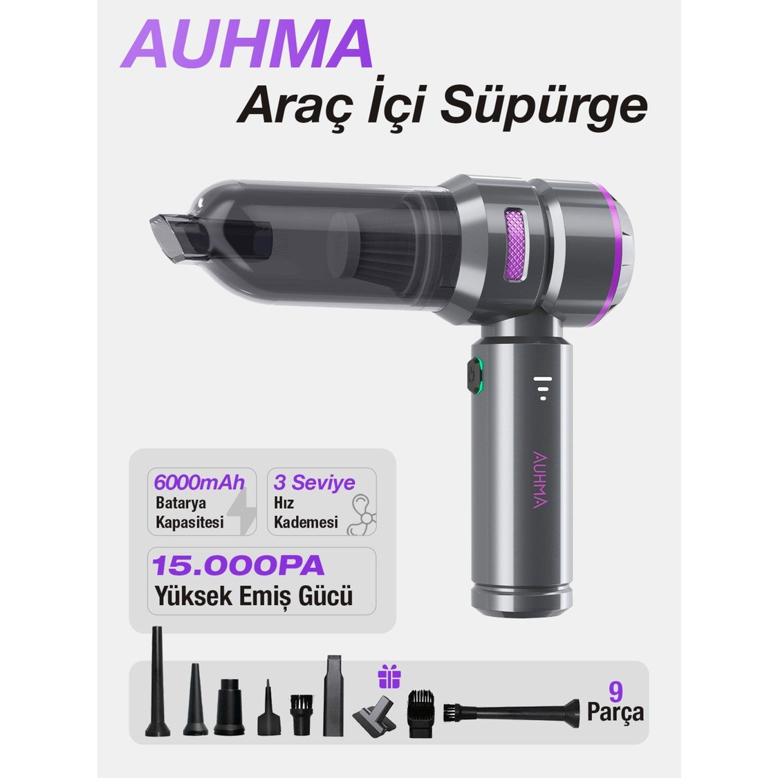 110000993707668.jpg Auhma Ahv-01 Kablosuz Güçlü Araç Süpürgesi ve Hava Üfleyici | 15000PA Vakum Gücü | 3 Kademeli Hız | 9 Parça Aksesuar - Görsel 1