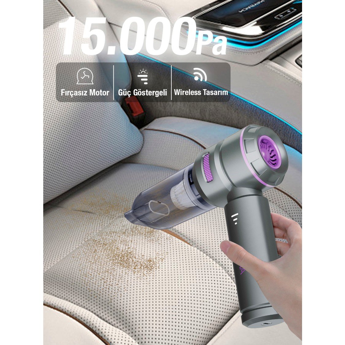 110000993707670.jpg Auhma Ahv-01 Kablosuz Güçlü Araç Süpürgesi ve Hava Üfleyici | 15000PA Vakum Gücü | 3 Kademeli Hız | 9 Parça Aksesuar - Görsel 3