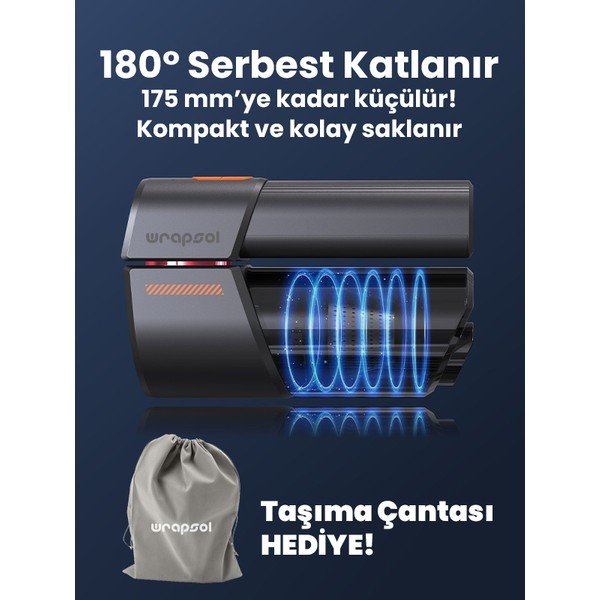 110000997250137.jpg Wrapsol Oto Araç Süpürgesi Katlanabilir Vakumlu Üflemeli Şarjlı Çok Fonksiyonlu Ev Araba Kamp 15000PA Çekim - Görsel 2