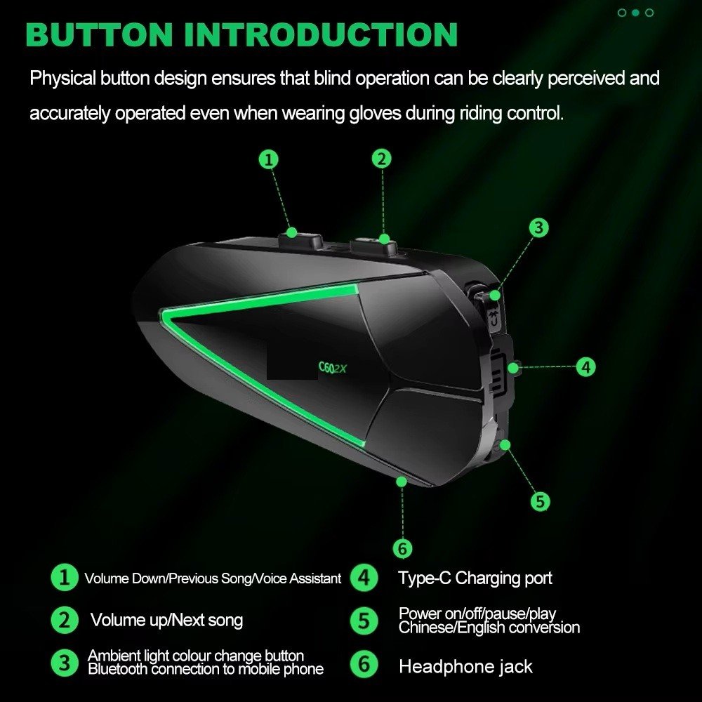 110001000793256.jpg Motosiklet Kask Kulaklık C60 2x ,100METRE 2 Cihaz Bağlanabilme Özellikli Interkom LED Işıklı - Görsel 4