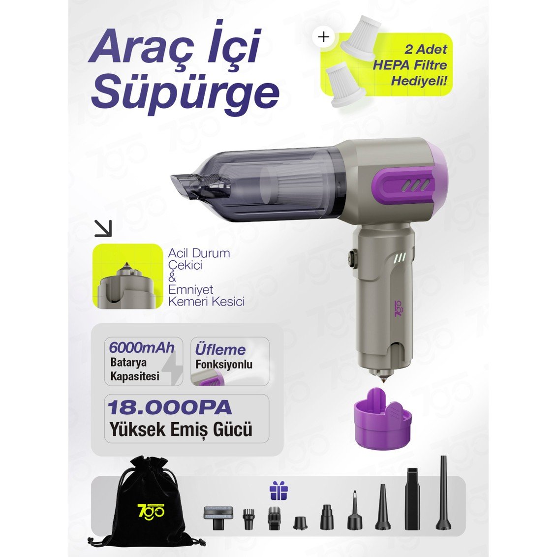 110001017738675.jpg 7go Ahv-14 2'si 1 Arada Kablosuz Araç Içi Süpürge Mor | 18000PA Güçlü Vakum + Üfleme | Cam Kırıcı & Kemer Kesici Acil Durum Özellikli - Görsel 1