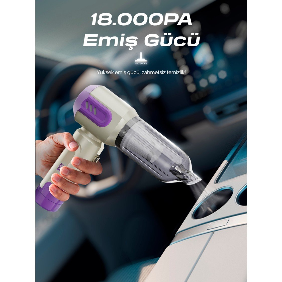 110001017738676.jpg 7go Ahv-14 2'si 1 Arada Kablosuz Araç Içi Süpürge Mor | 18000PA Güçlü Vakum + Üfleme | Cam Kırıcı & Kemer Kesici Acil Durum Özellikli - Görsel 2