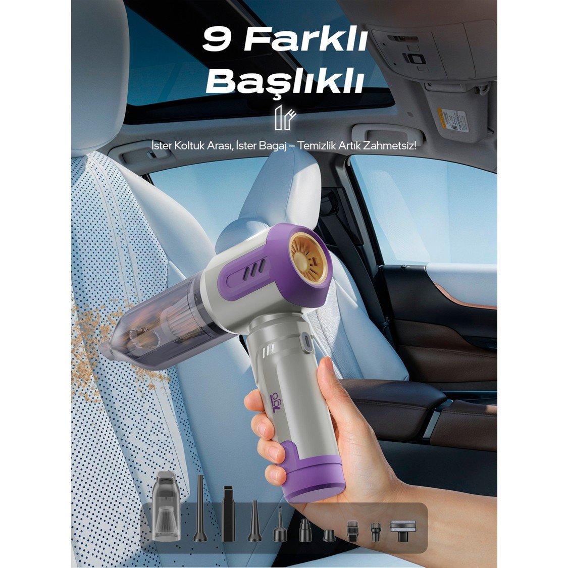 110001017738677.jpg 7go Ahv-14 2'si 1 Arada Kablosuz Araç Içi Süpürge Mor | 18000PA Güçlü Vakum + Üfleme | Cam Kırıcı & Kemer Kesici Acil Durum Özellikli - Görsel 3