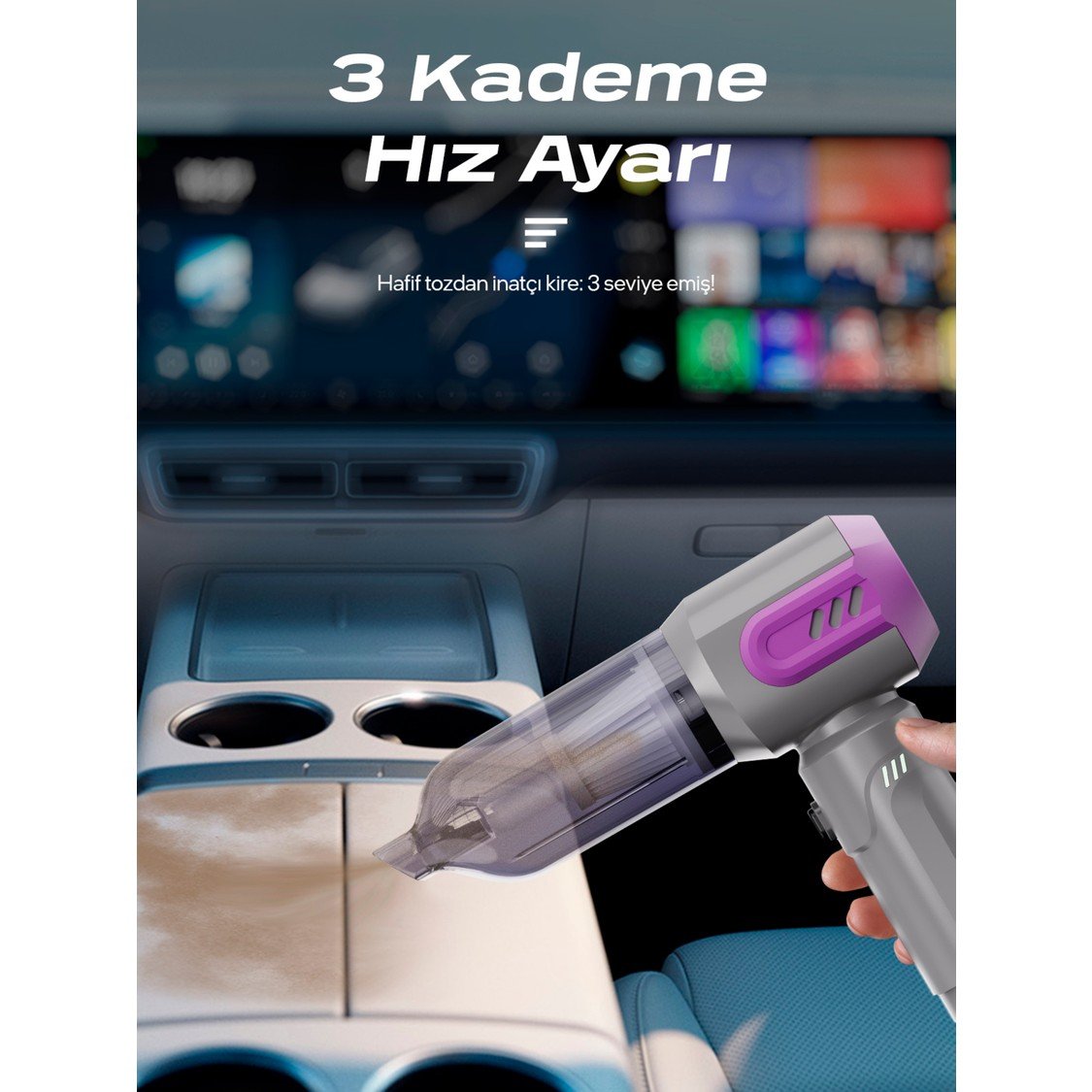 110001017738679.jpg 7go Ahv-14 2'si 1 Arada Kablosuz Araç Içi Süpürge Mor | 18000PA Güçlü Vakum + Üfleme | Cam Kırıcı & Kemer Kesici Acil Durum Özellikli - Görsel 5