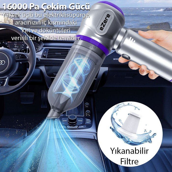 110001025367807.jpg Ezere 16000PA Güçlü Portatif Tasinabilir Vakumlu Kablosuz Üflemeli Mini Araç Süpürgesi - Görsel 5