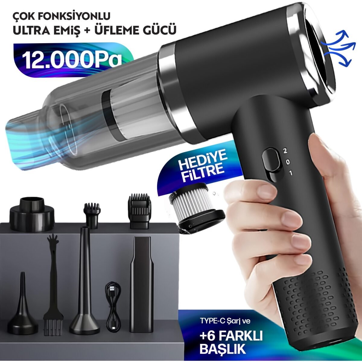 Enkado 12000PA Güçlü Vakum 2in1 Kablosuz Taşınabilir Şarjlı Araç Süpürgesi ve Hava Üfleyici 2 Kademeli Mini Araç Içi Süpürge - Görsel 1