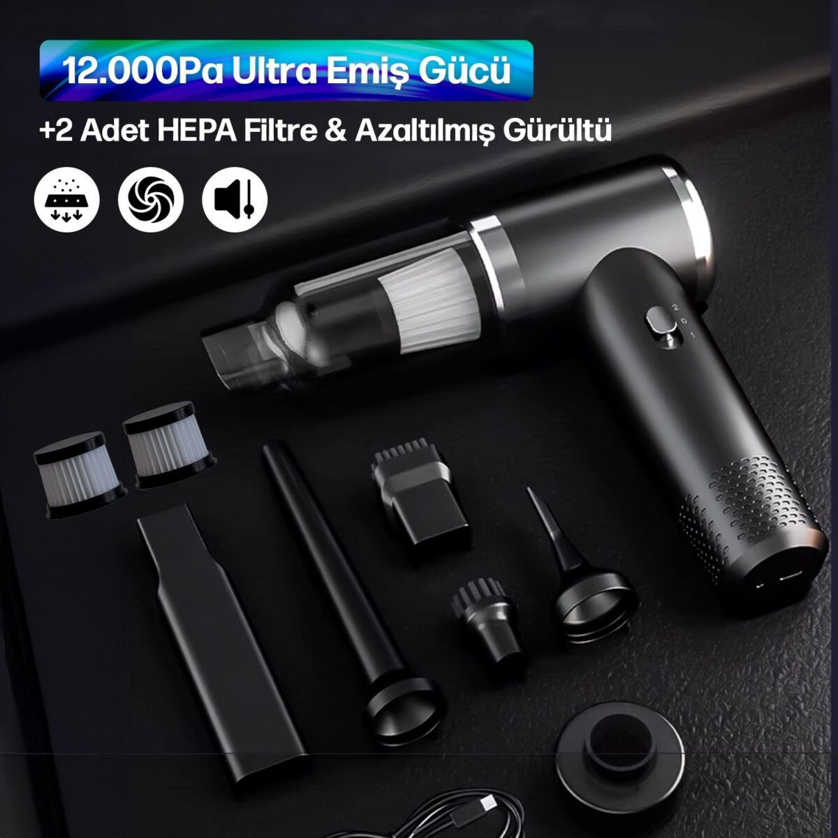 Enkado 12000PA Güçlü Vakum 2in1 Kablosuz Taşınabilir Şarjlı Araç Süpürgesi ve Hava Üfleyici 2 Kademeli Mini Araç Içi Süpürge - Görsel 2