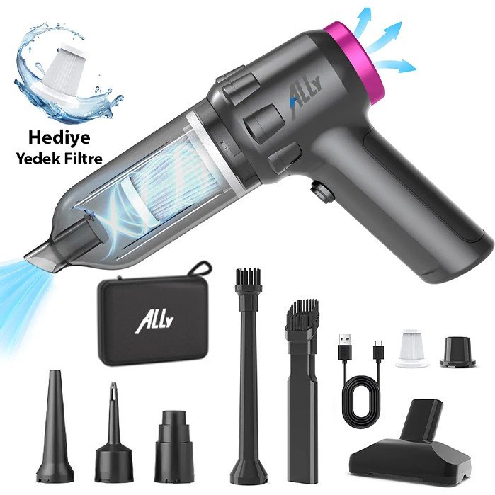 110001031376086.jpg ALLY 14000pa Güçlü Portatif 2 Kademeli Tasinabilir Vakumlu Kablosuz Üflemeli Mini Araç Süpürgesi SW-103 - Görsel 1