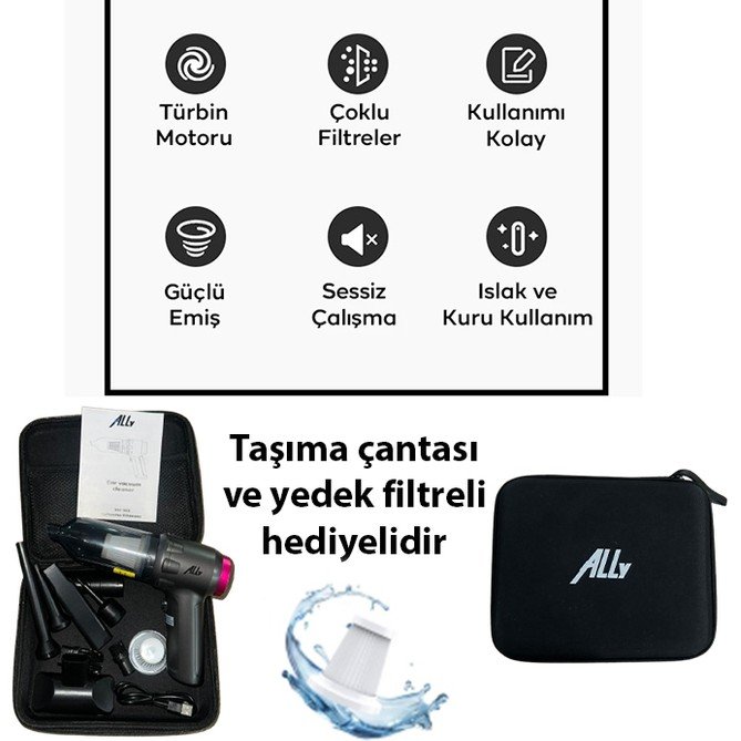 110001031376087.jpg ALLY 14000pa Güçlü Portatif 2 Kademeli Tasinabilir Vakumlu Kablosuz Üflemeli Mini Araç Süpürgesi SW-103 - Görsel 5