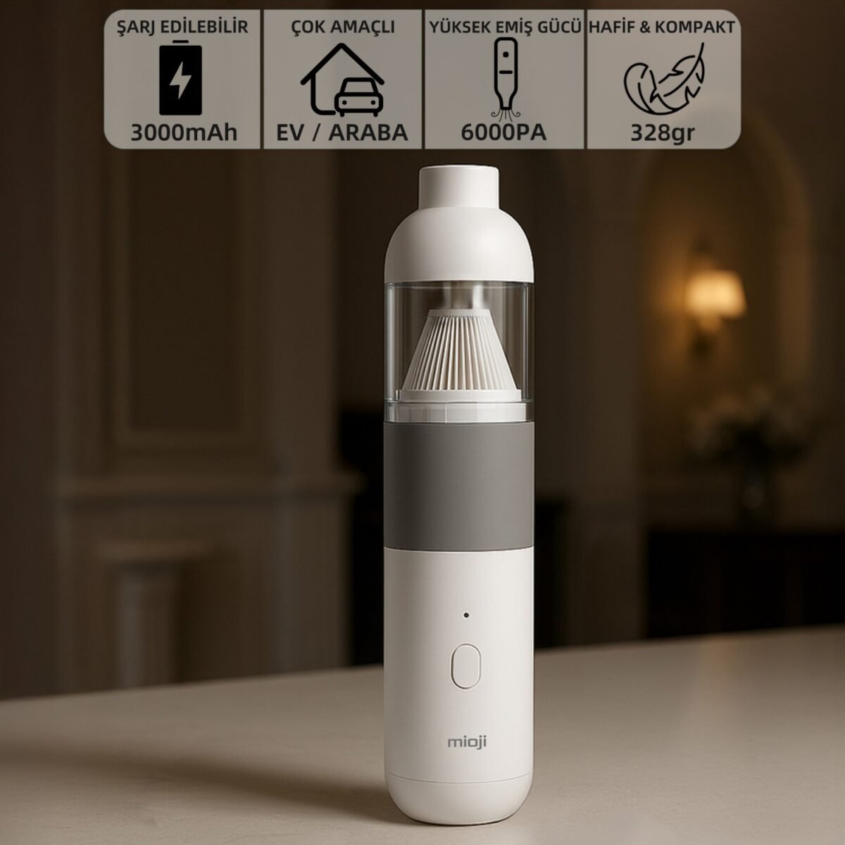 Mioji Mio 3 3000mah 6000Pa Taşınabilir Mini Şarjlı Araç ve El Süpürgesi - Beyaz - Görsel 1